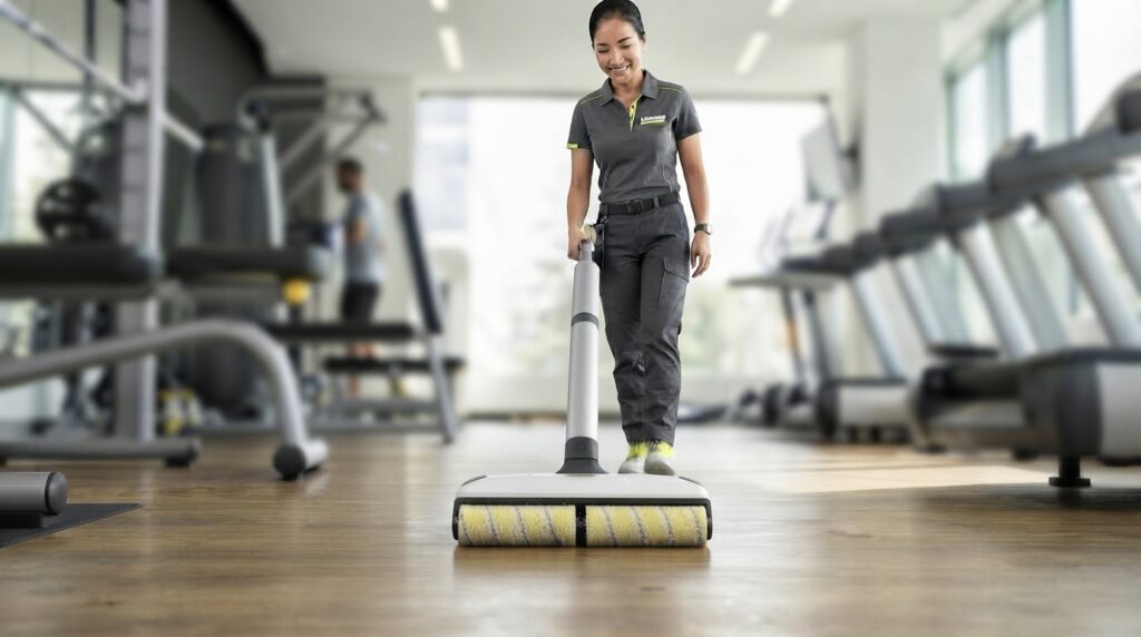 Lavadora de pisos Kärcher limpando recepção de clínica estética. Limpeza para Academias, Clínicas e Spas com Padrão Ouro em Biossegurança.